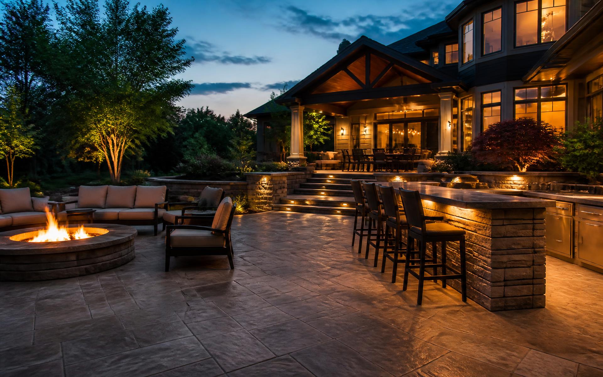Luxury stamped concrete patio with fire pit at dusk in Kleinburg backyard