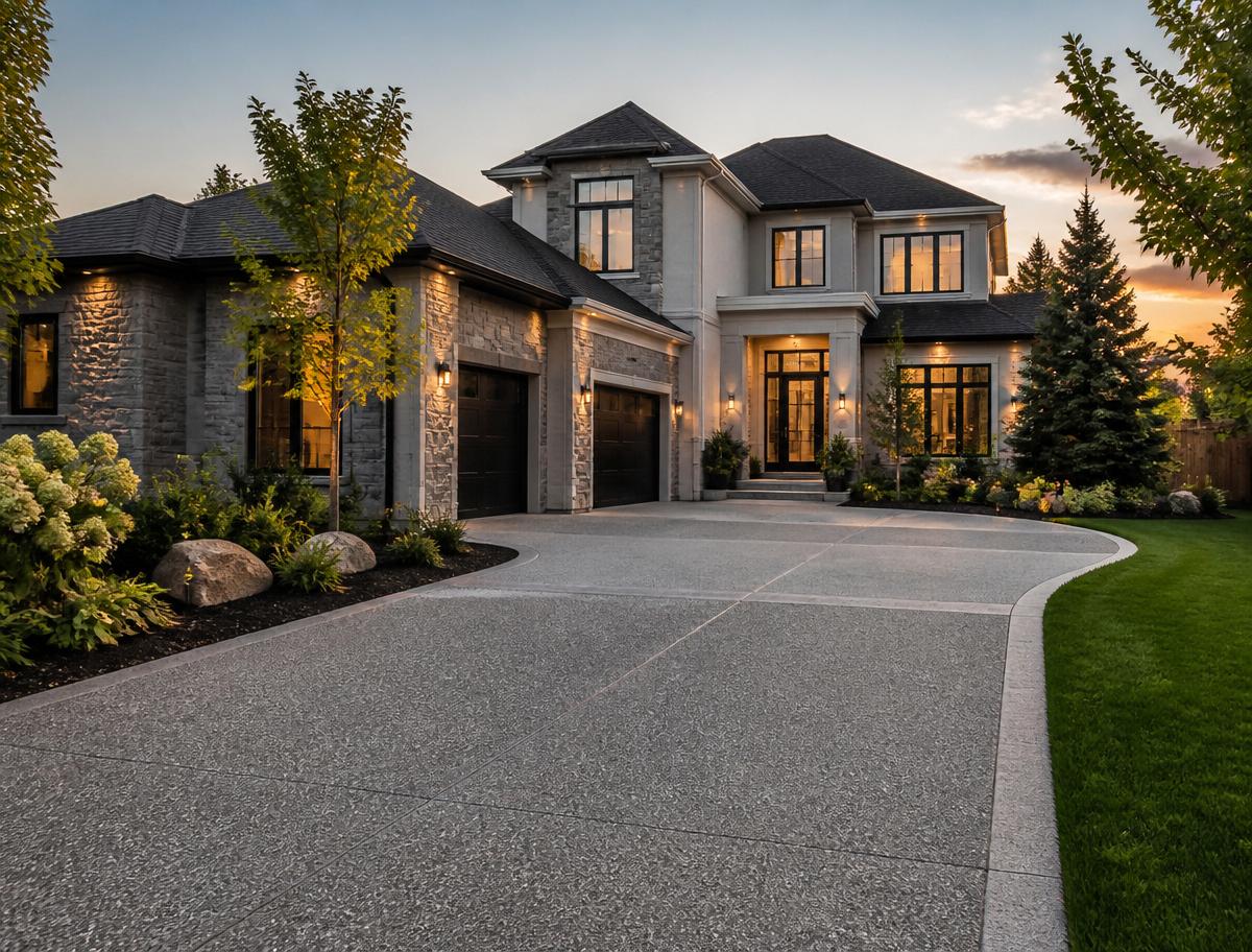 Exposed aggregate concrete driveway on a luxury Kleinburg home