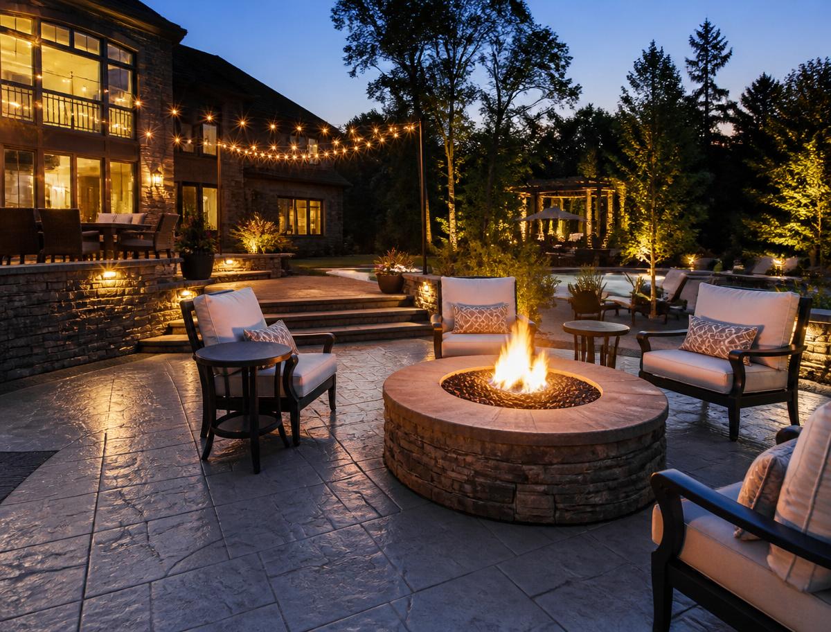 Stamped concrete patio with fire pit and string lights