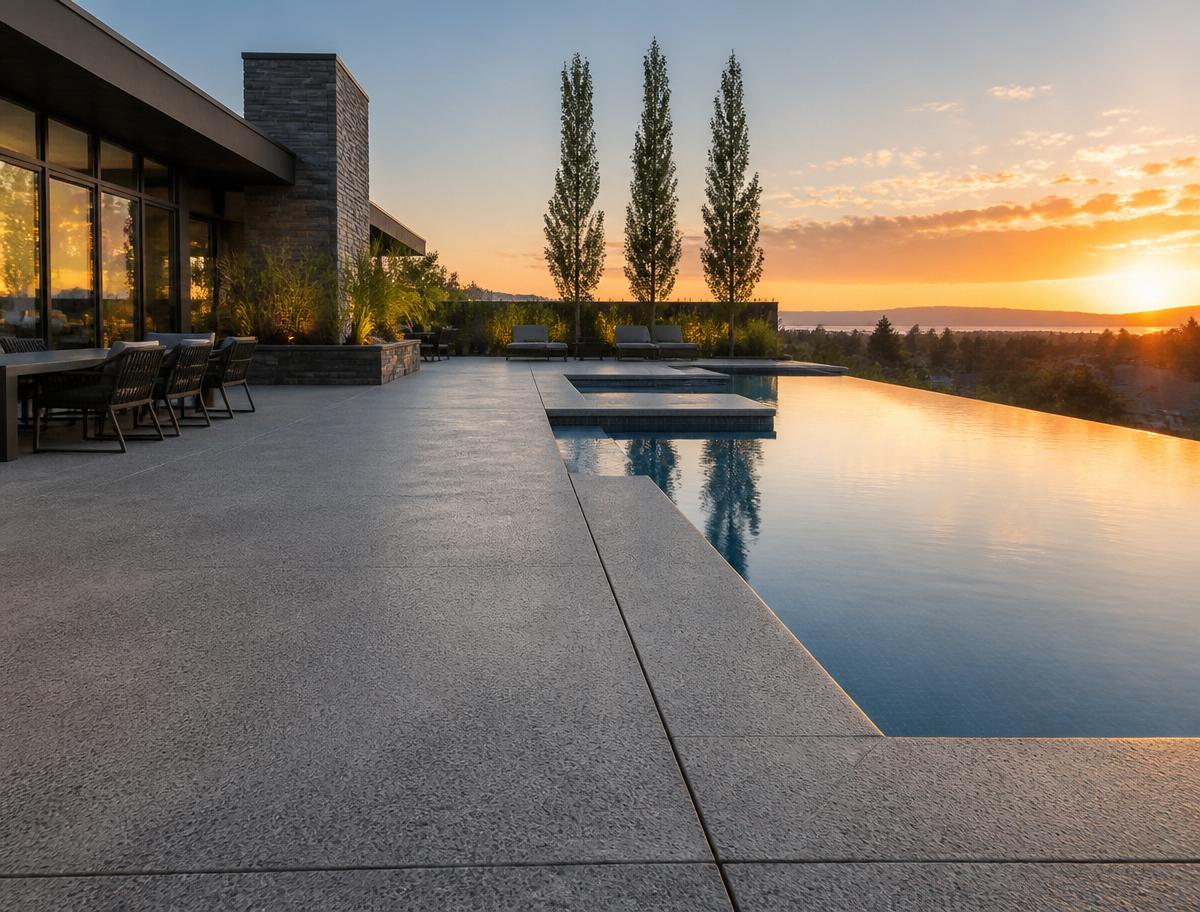 Modern concrete pool deck at sunset