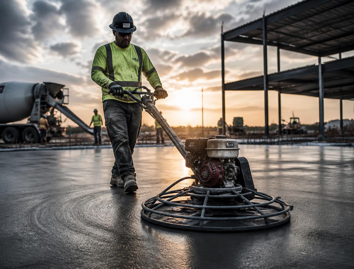 Concrete finisher power-troweling a fresh slab