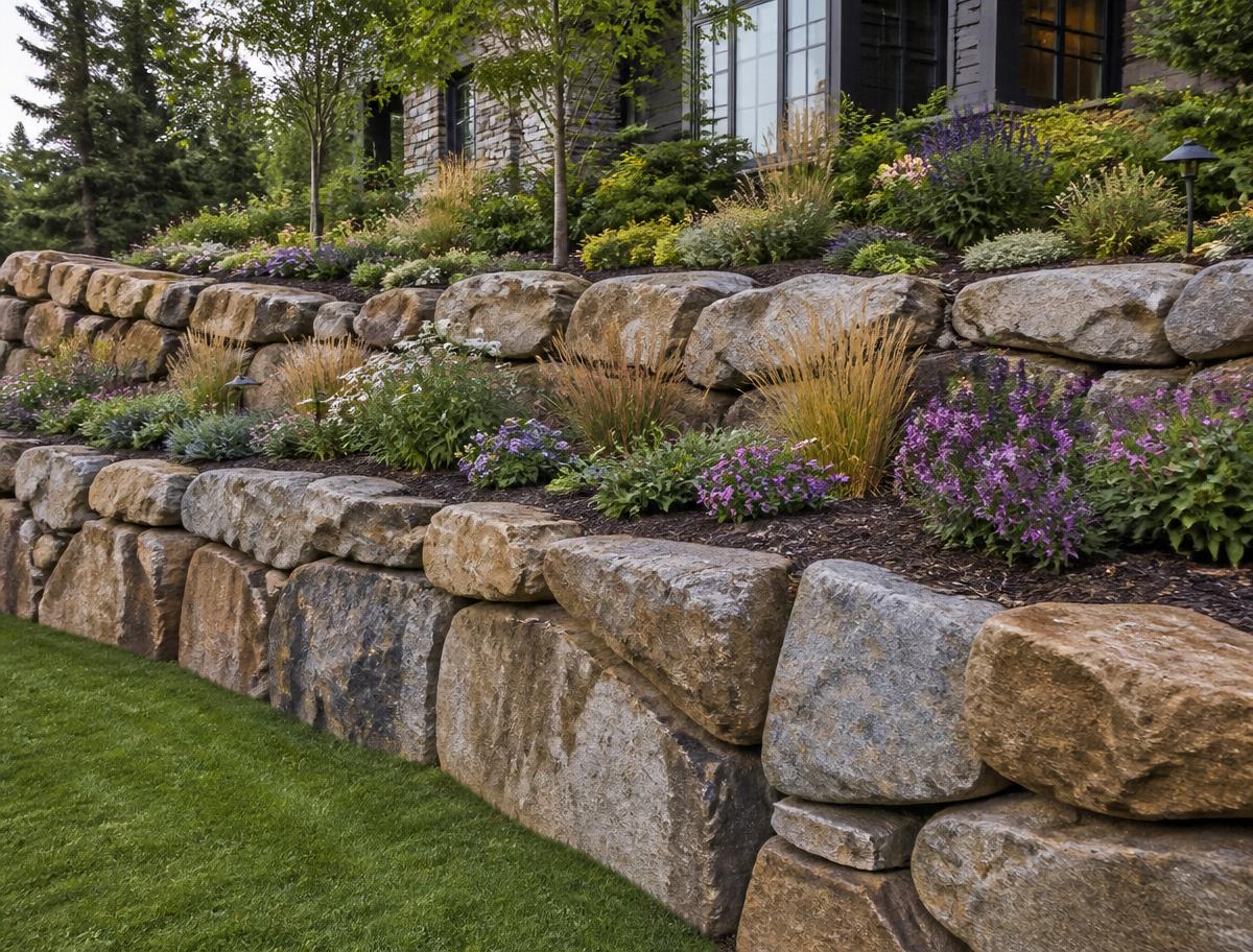 Armour stone retaining wall with tiered garden