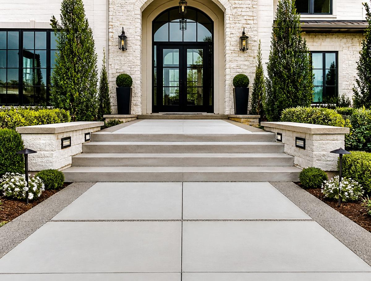 Concrete steps and entrance walkway to luxury home