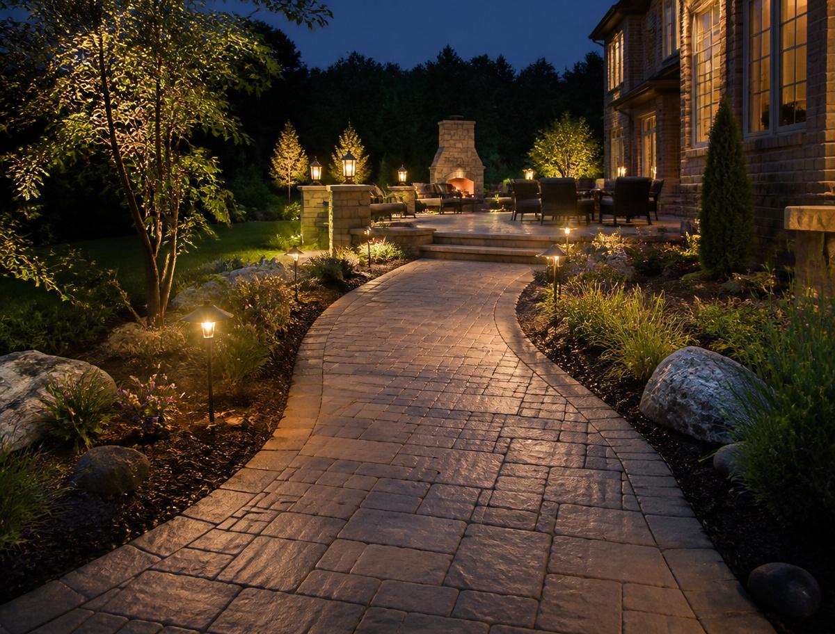 Interlock stone walkway with landscape lighting